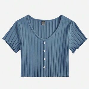 Blue Button-Up Ribbed Crop Top